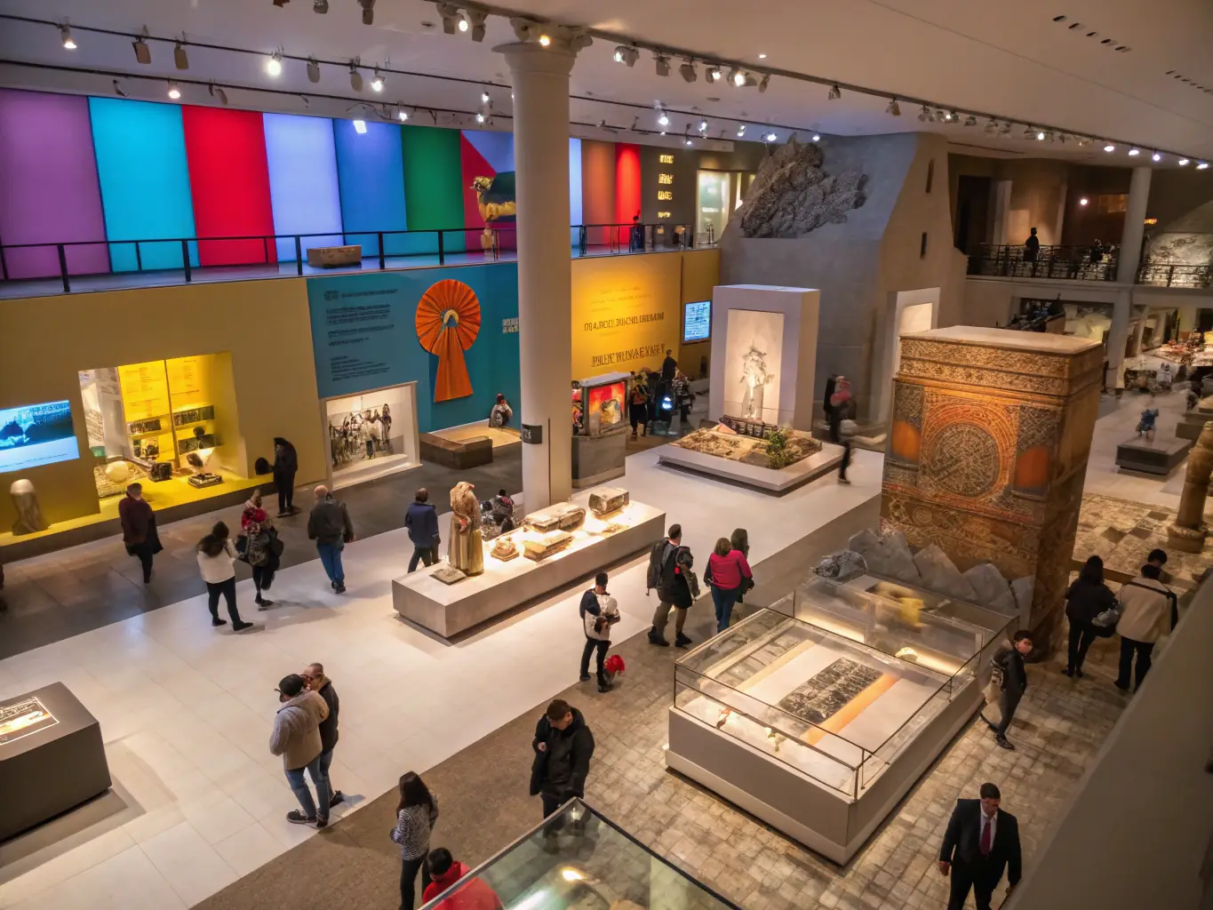 A photograph capturing a vibrant scene from the Heritage Exhibition at the Local Museum in Cusset, featuring displays of historical artifacts, photographs, and documents, with visitors of all ages engaging with the exhibits.