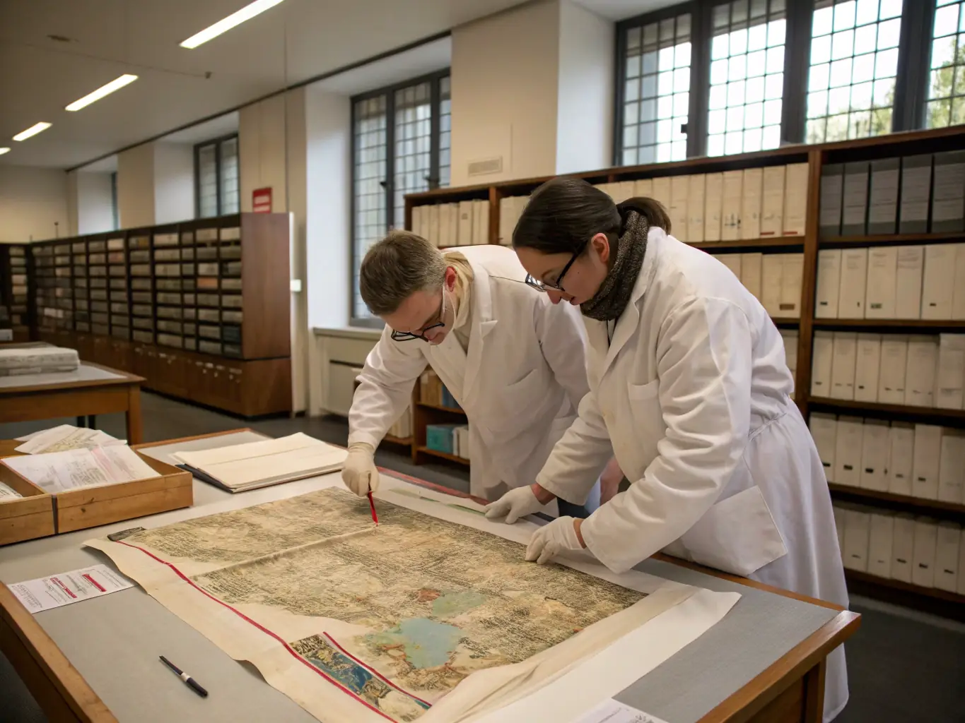 A photograph capturing the meticulous process of archiving historical documents at ASSO AMIS DU VIEUX CUSSET, showcasing researchers carefully handling old manuscripts and records in a well-lit archive room.