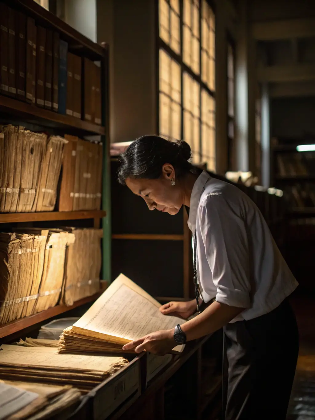A photograph of volunteers meticulously archiving historical documents in the ASSO AMIS DU VIEUX CUSSET archive, showcasing their dedication to preserving local history.