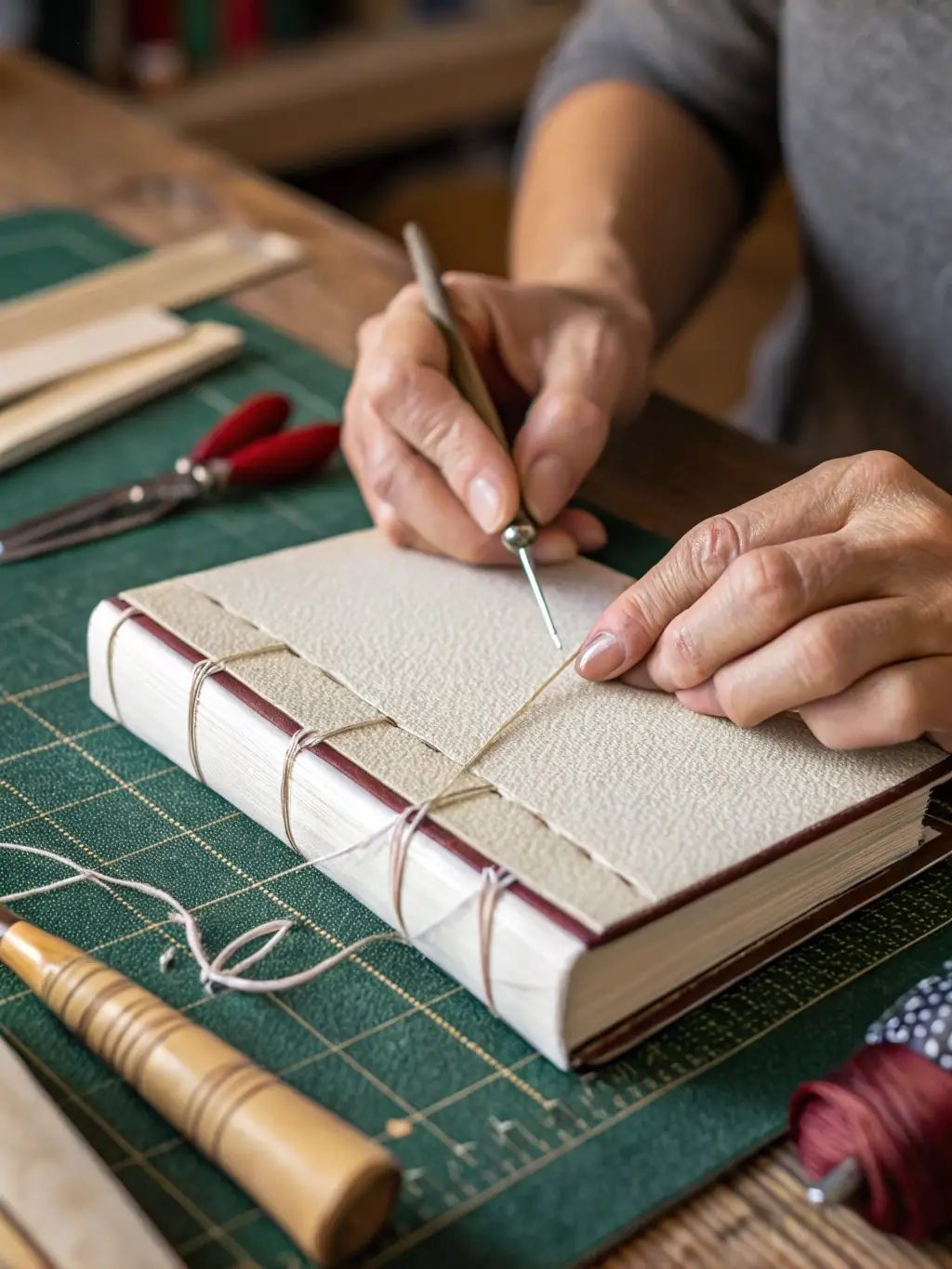 A photograph capturing a workshop where participants are learning traditional bookbinding techniques, organized by ASSO AMIS DU VIEUX CUSSET.